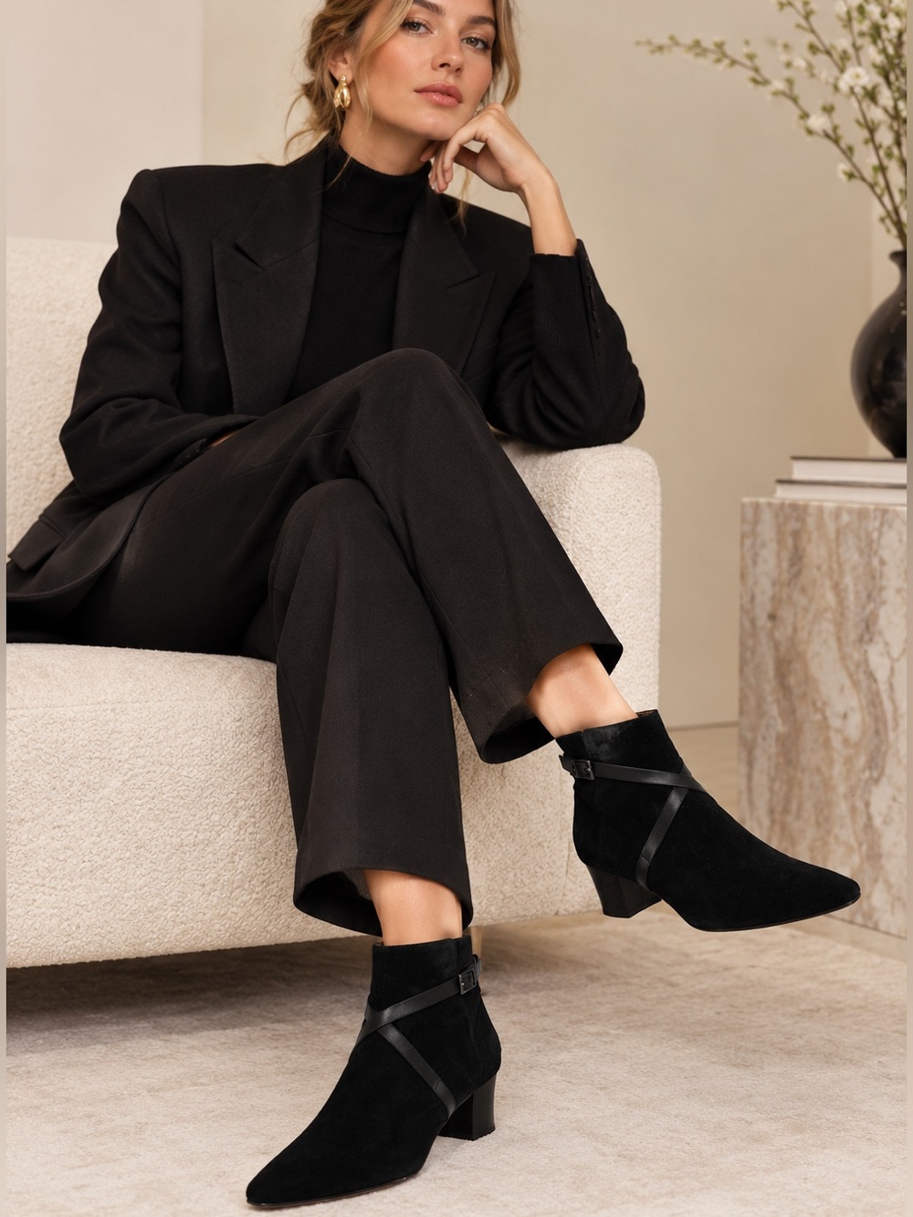 Aquatalia Tillie Suede Weatherproof Slip On Cross Buckle Strap Ankle Booties